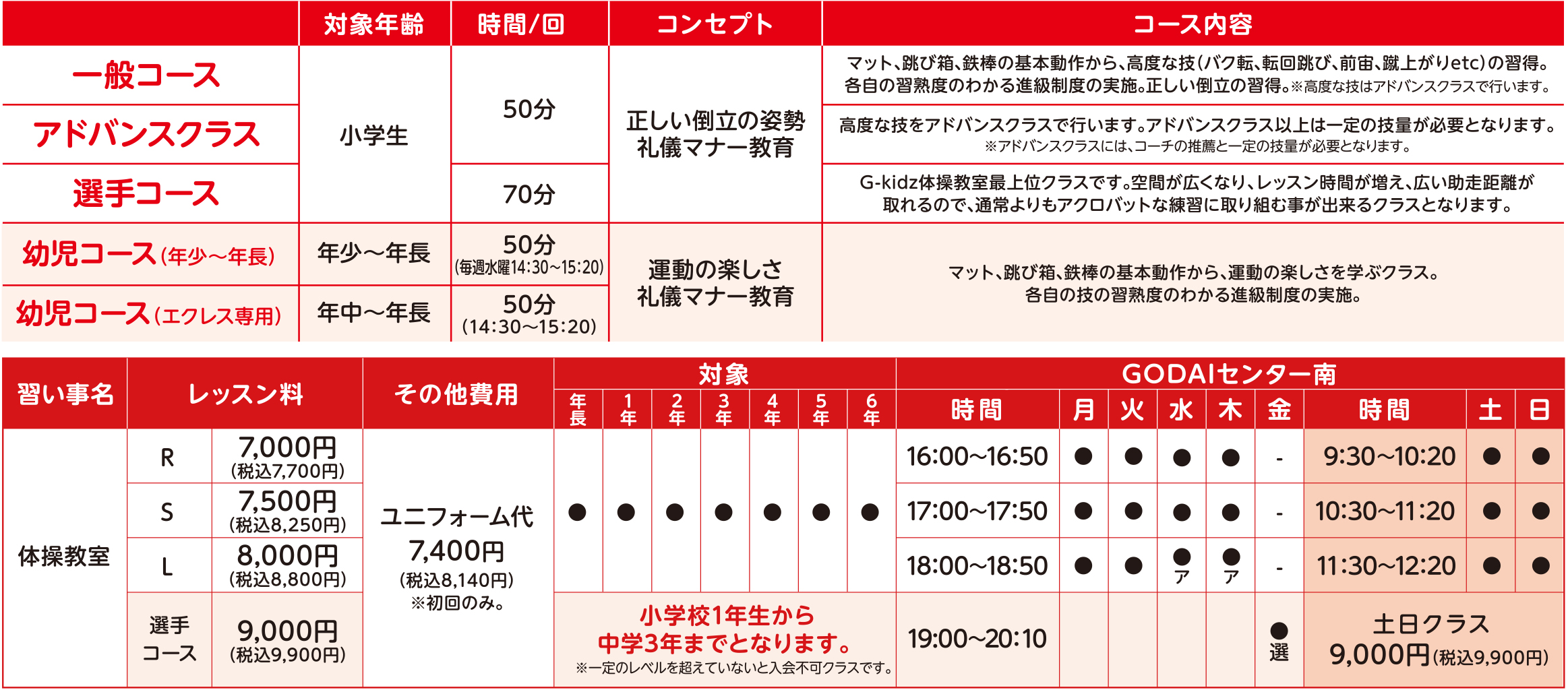 G-kidz体操教室 コース・料金表